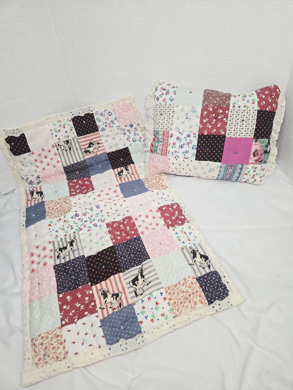 Handmade Patchwork 22'×13 Doll Quilt & Pillow Cow Pink Flowers Doll Bed Vtg